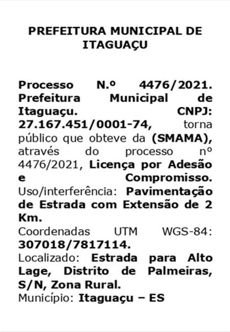 LICENÇA AMBIENTAL OBTIDA - PREFEITURA MUNICIPAL DE ITAGUAÇU.